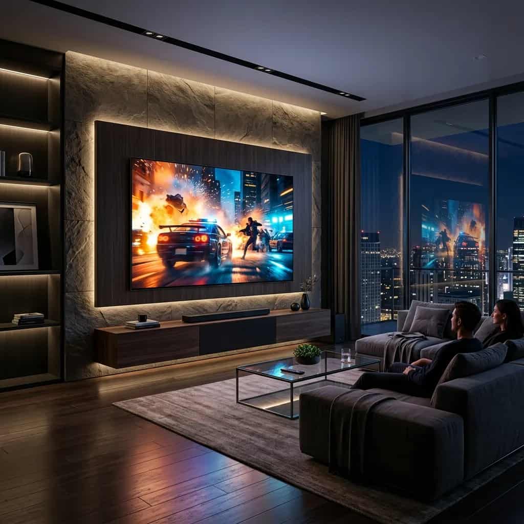 Woonkamer met een grote televisie waarop Omni IPTV wordt gekeken